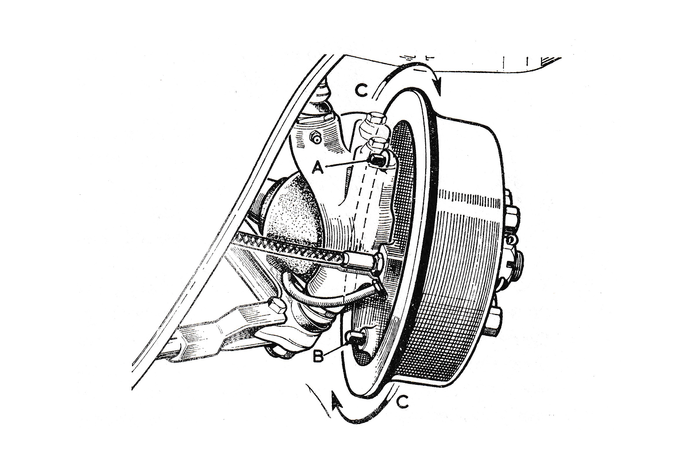 On Eli' and Hornet models with twin leading shoe on the front wheels, two adjusters 'A' and 'B' are provided. To tighten the brakes turn the adjusters clockwise 'C'